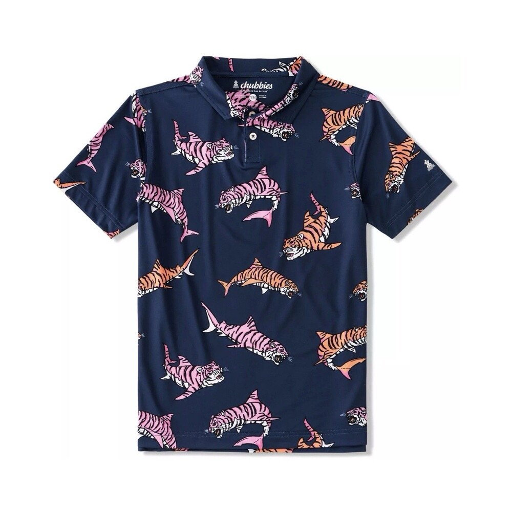 Chubbies Polo Shirt Boys L King Of The Sea Performance Golf Tiger Shark Youth XL